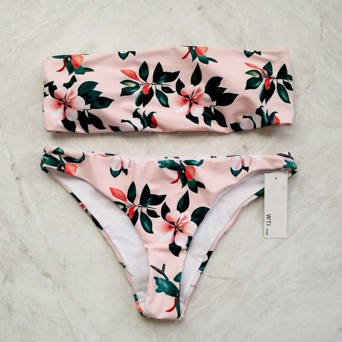 Floral Print High Cut Bandeaux Bikini Set - worthtryit.com