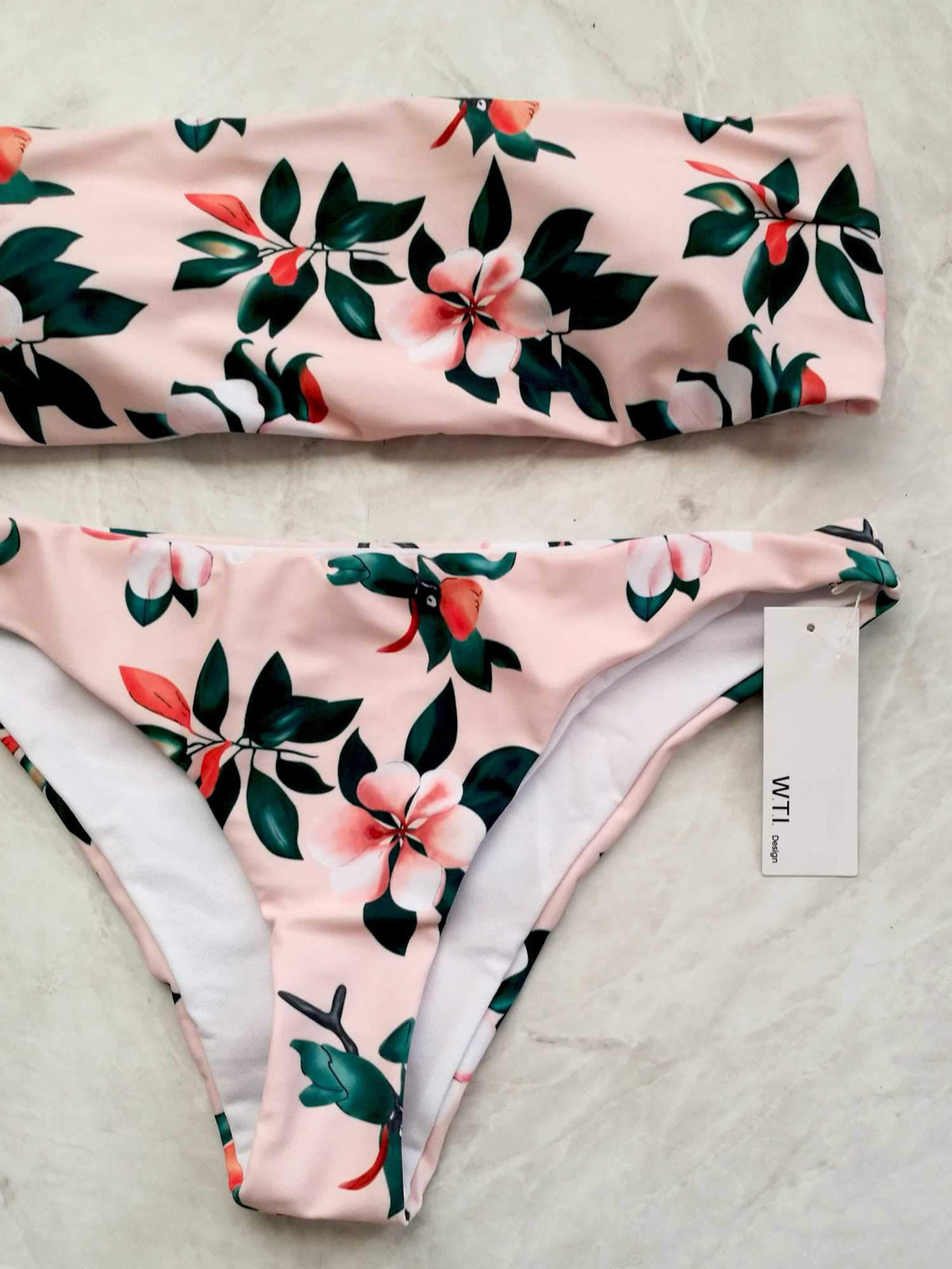 Floral Print High Cut Bandeaux Bikini Set - worthtryit.com