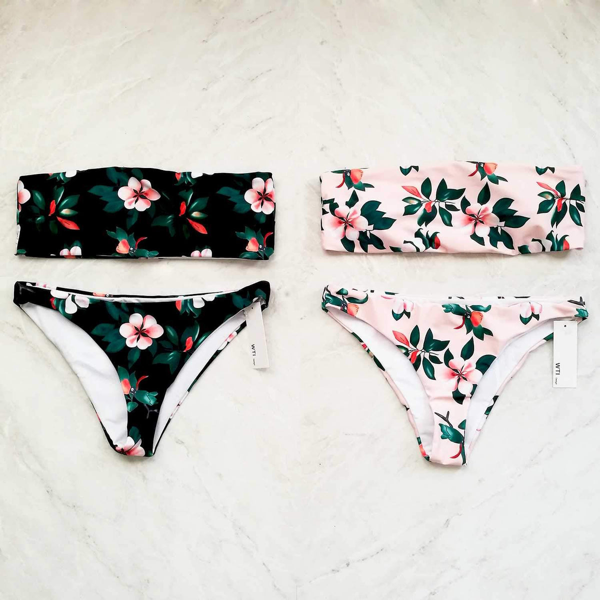 Floral Print High Cut Bandeaux Bikini Set - worthtryit.com