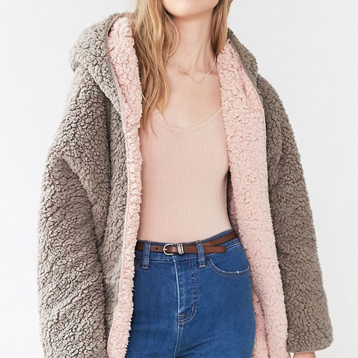 Reversible Oversized Soft Fuzzy Hoodie Coat - worthtryit.com