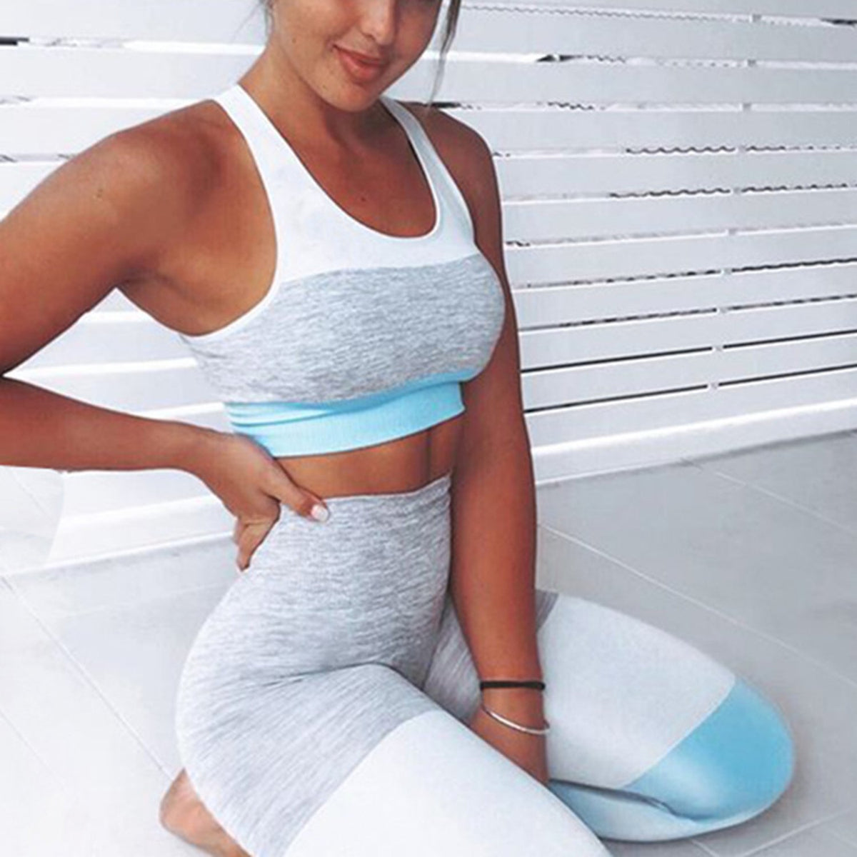 Color Block Crop Top 2 Piece Yoga Sports Fitness Suit - worthtryit.com