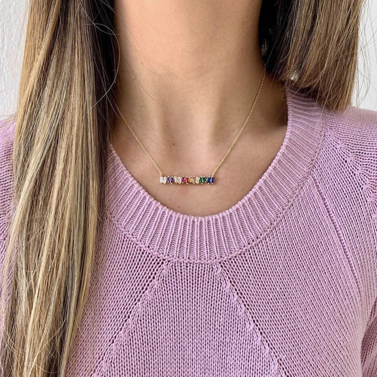 Rainbow Baguette 18K Gold Bar Necklace - worthtryit.com