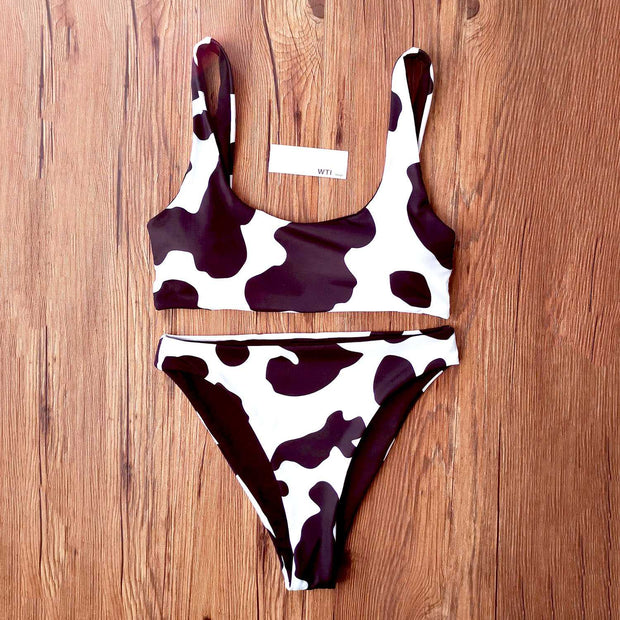 Cow Print Crop Top Bikini Swimsuit - worthtryit.com