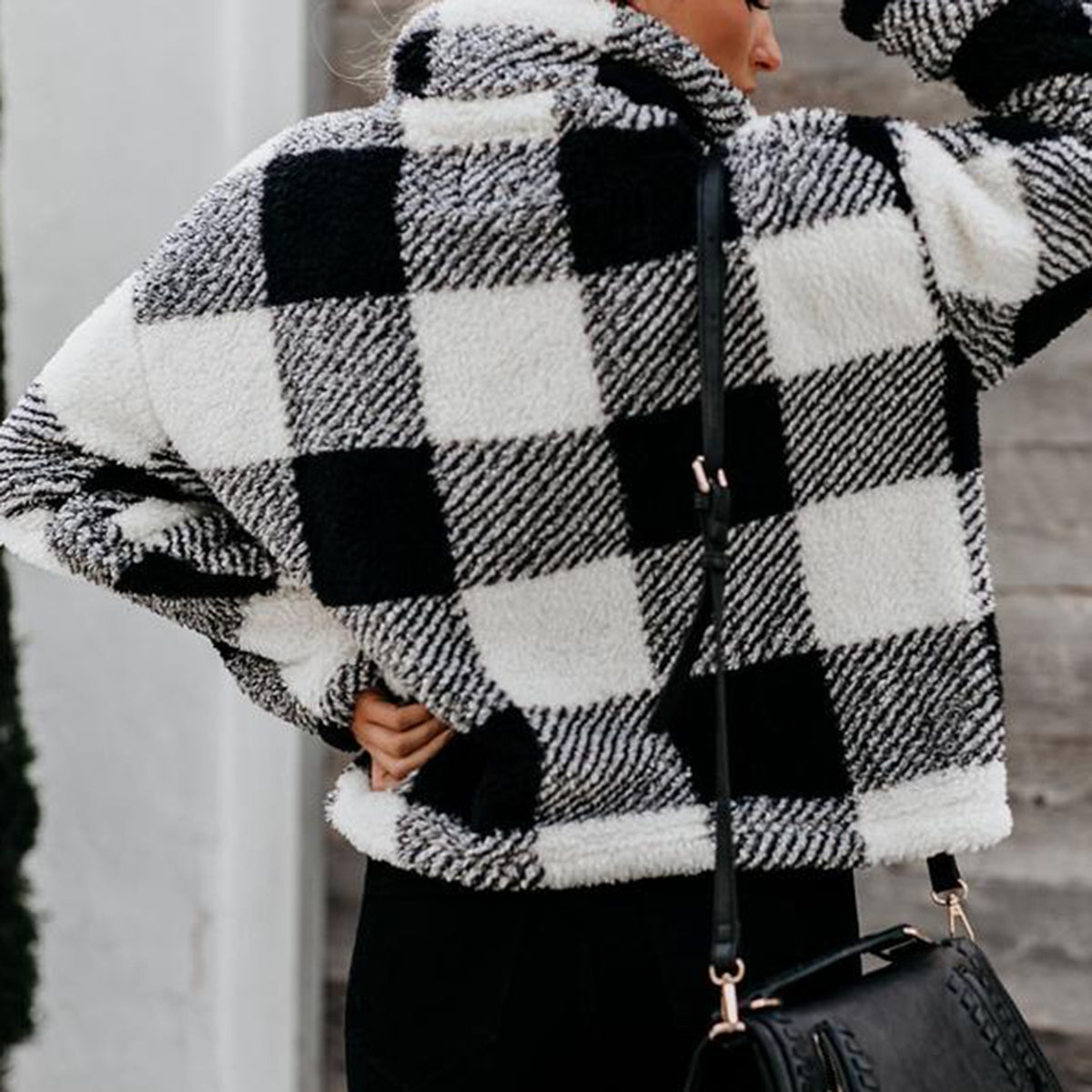 Checked Zip Stand-Up Fleece Sweater