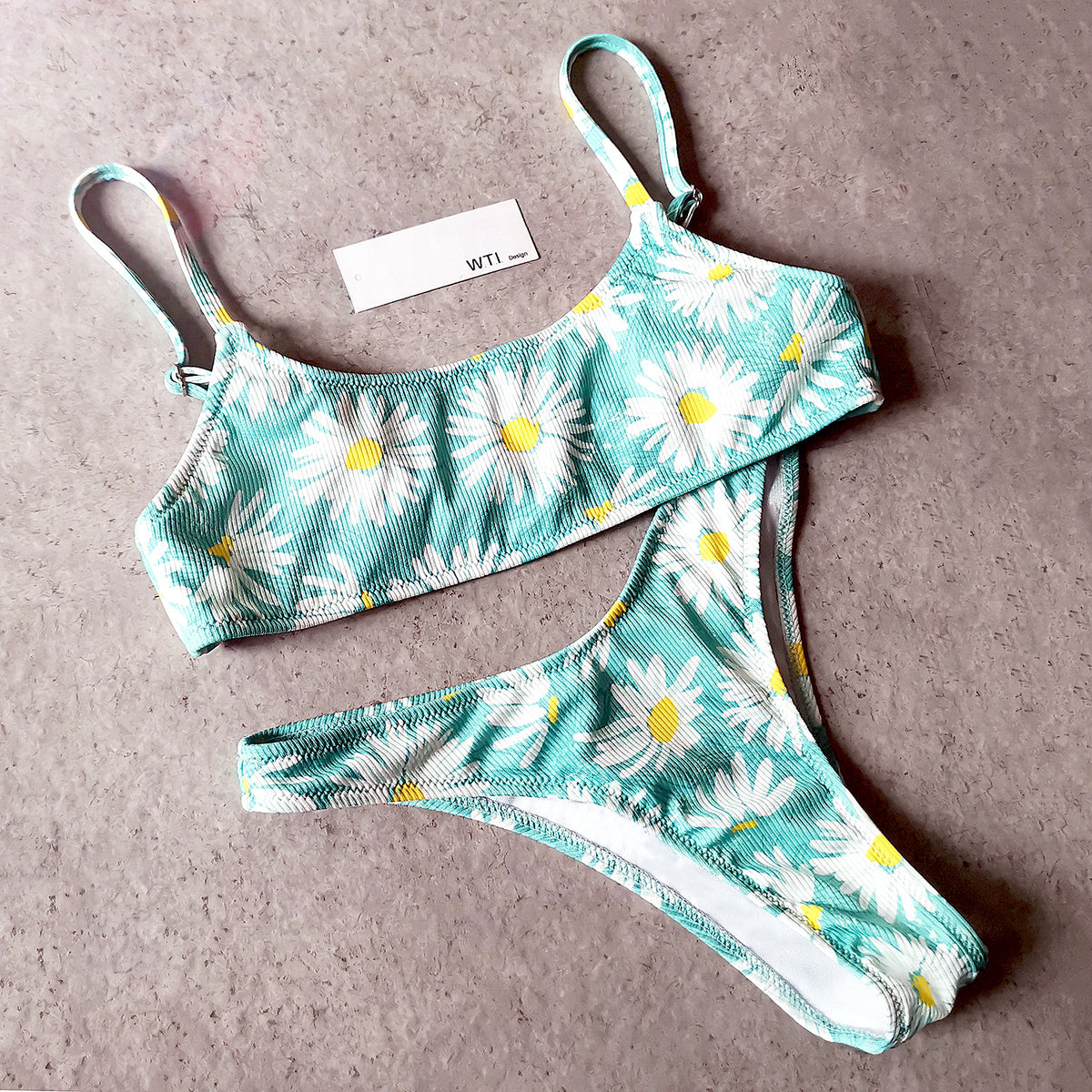 Ribbed Floral Crop Top Bikini Swimsuit