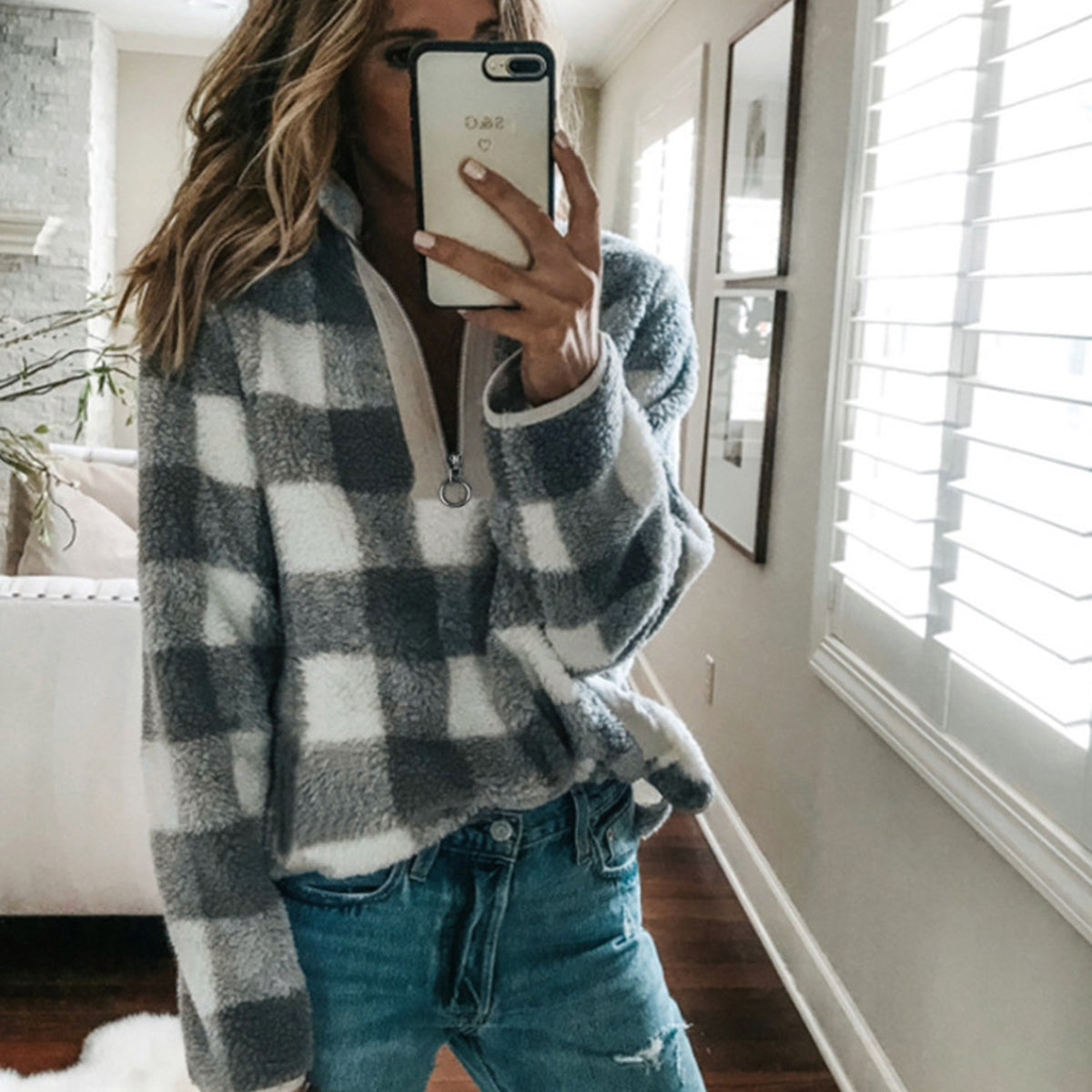 Checked Zip Stand-Up Fleece Sweater - worthtryit.com