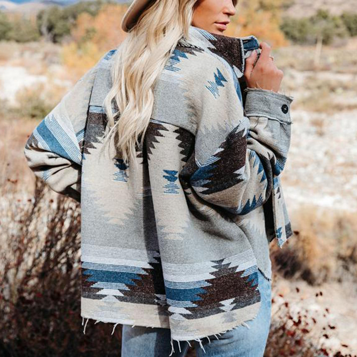 Oversized Vintage Aztec Long Sleeves Shirt Jacket