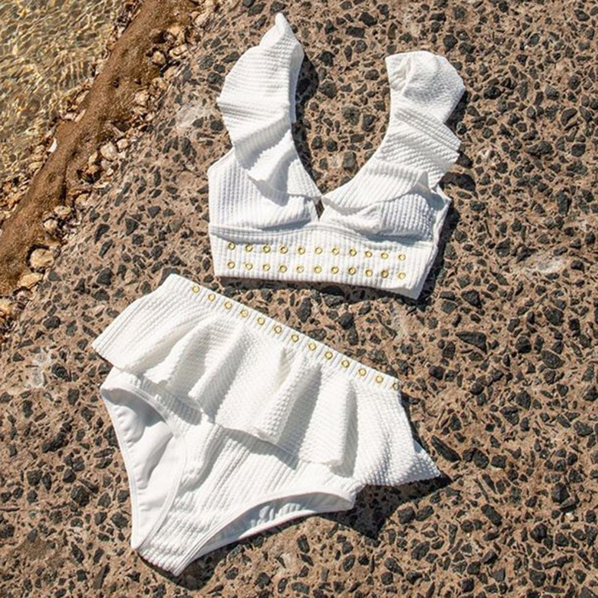 Ribbed Ruffle V Neck High Wasited Bikini Set - worthtryit.com
