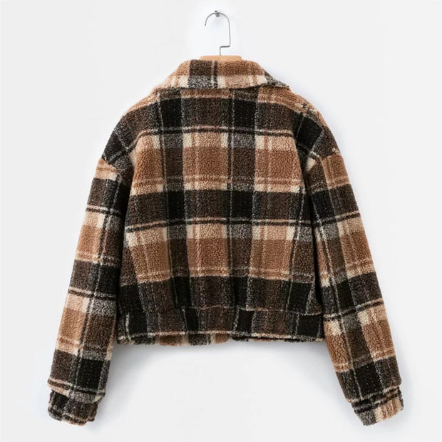 Checked Fuzzy Teddy Short Jacket Coat - worthtryit.com