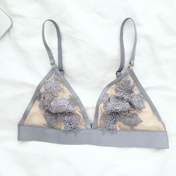 Floral Embroidered Triangle Bralette Set - Gray - worthtryit.com
