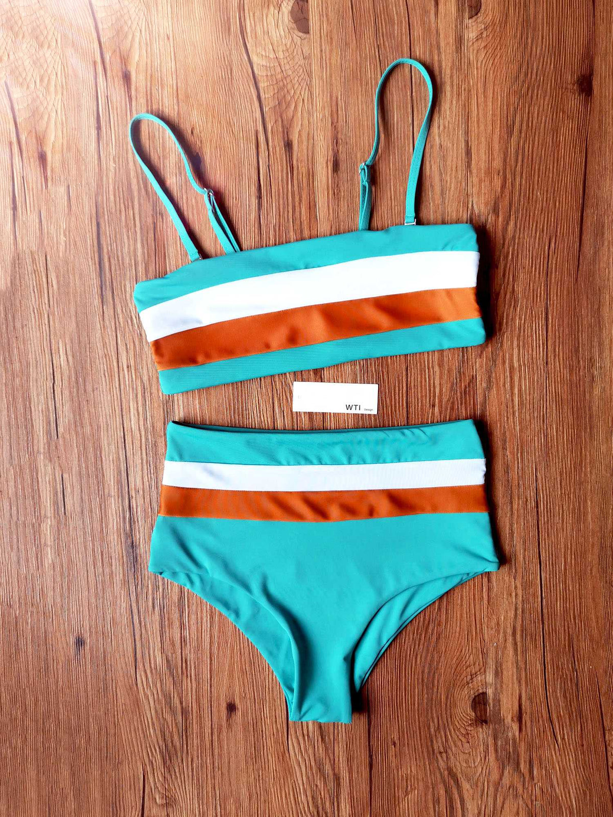 Color Block Strappy High Waisted Crop Top Bikini Set