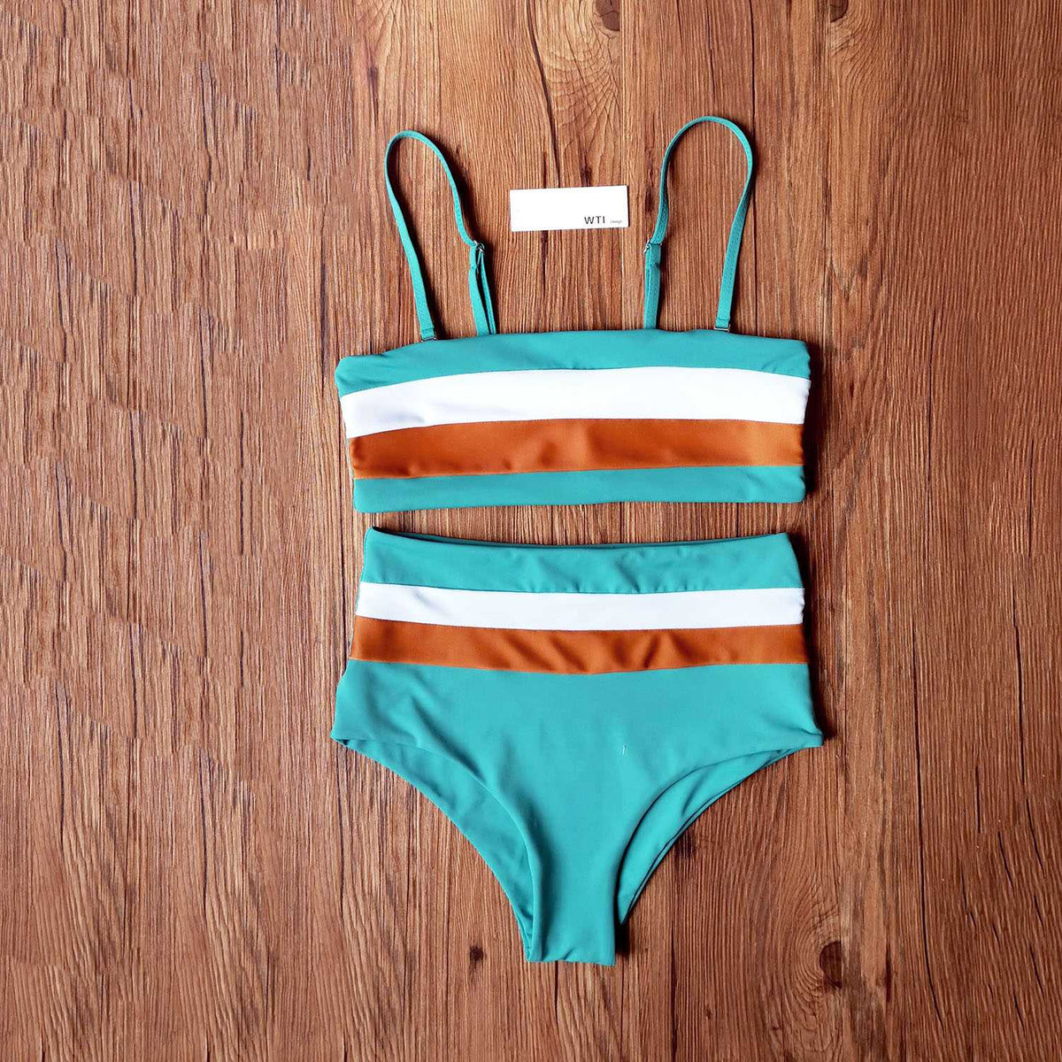 Color Block Strappy High Waisted Crop Top Bikini Set