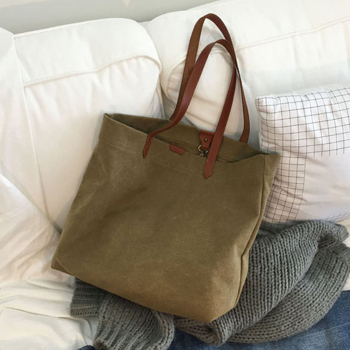 Canvas Bag with Leather Handles Transport Oversized Tote Bags - worthtryit.com