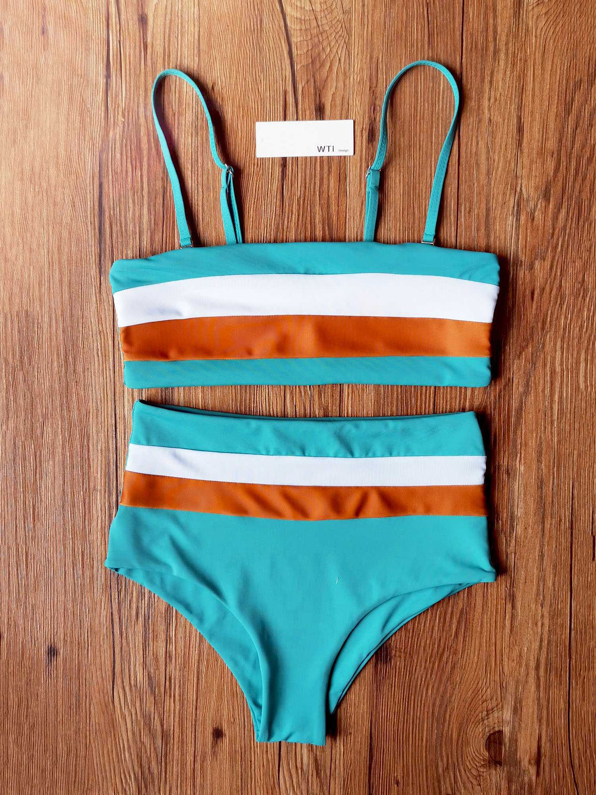 Color Block Strappy High Waisted Crop Top Bikini Set