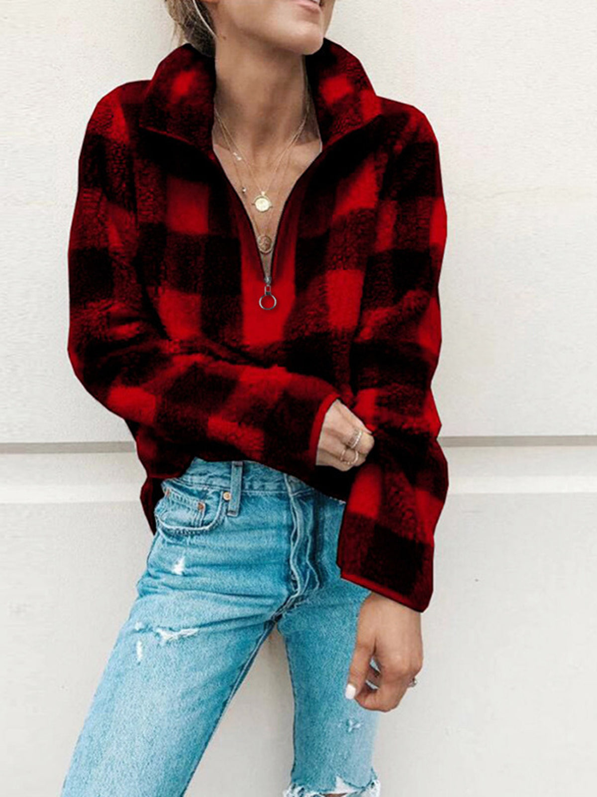 Checked Zip Stand-Up Fleece Sweater - worthtryit.com