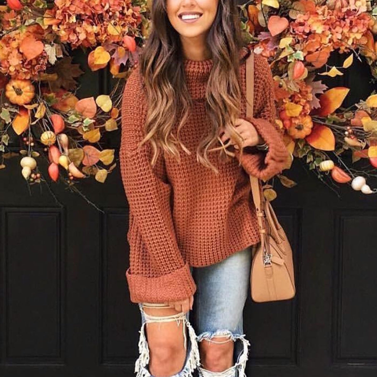 Cute High Neck Bell Sleeves Knit Sweater