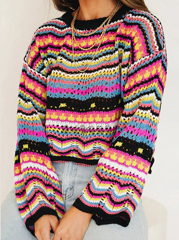 Rainbow Knit Flare Sleeves Pullover