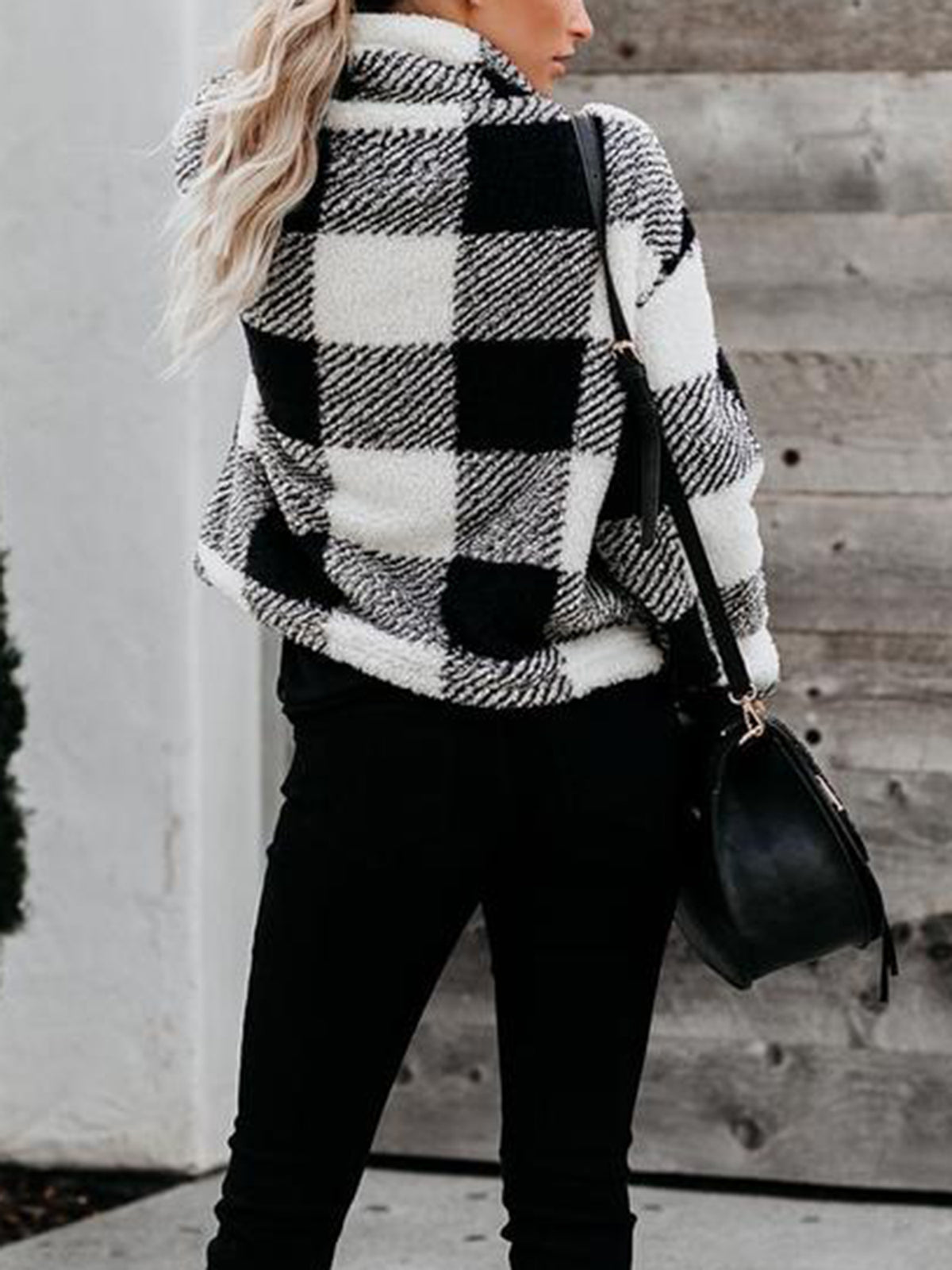 Checked Zip Stand-Up Fleece Sweater