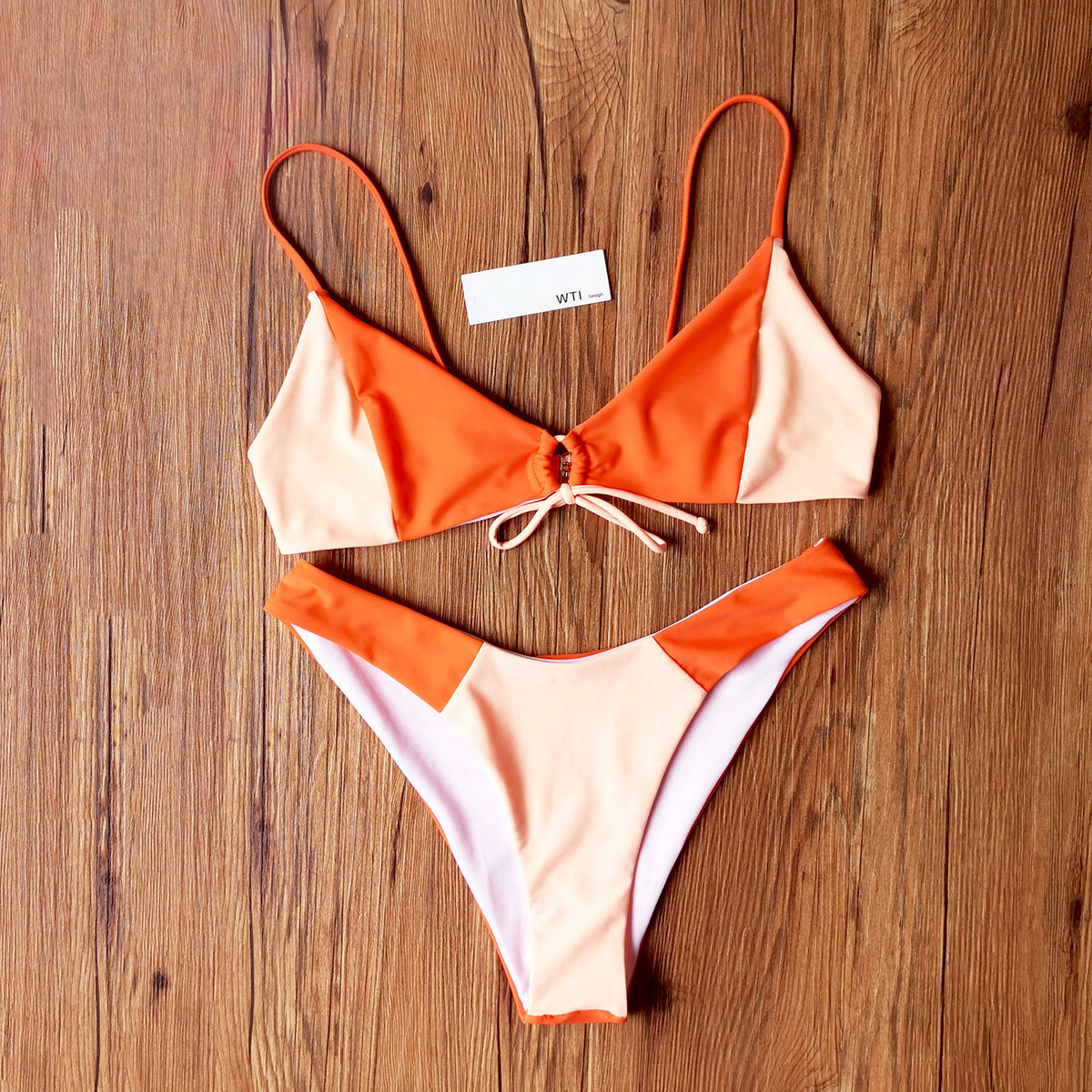 Color Block Front Tie Triangle Bikini Swimsuit