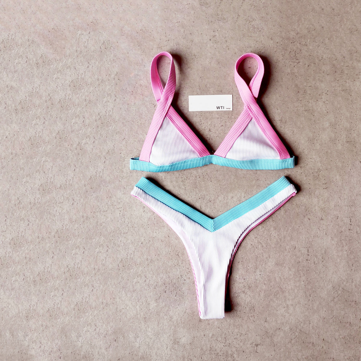 Ribbed Color Block Triangle Bikini Swimsuit XX20 - worthtryit.com