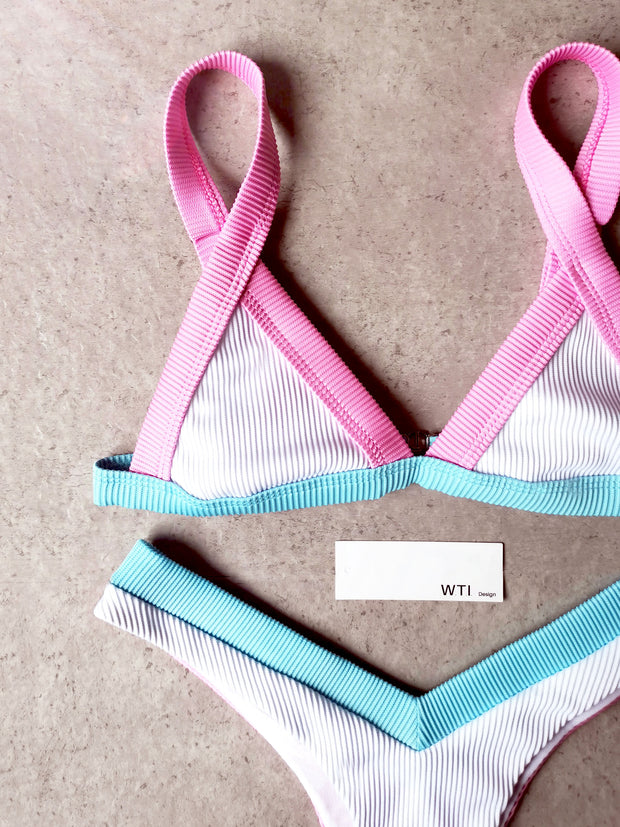 Ribbed Color Block Triangle Bikini Swimsuit XX20 - worthtryit.com