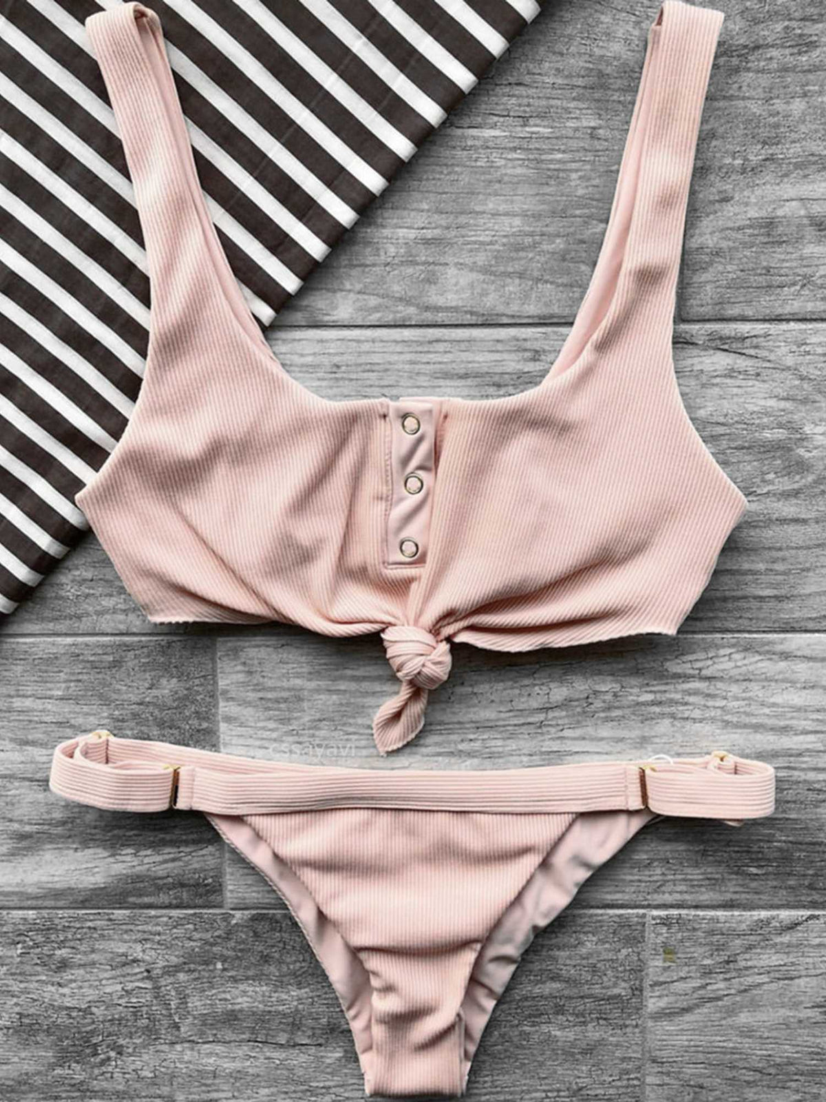 Ribbed Button Up Front Tie Bow High Rise Bikini Set - worthtryit.com