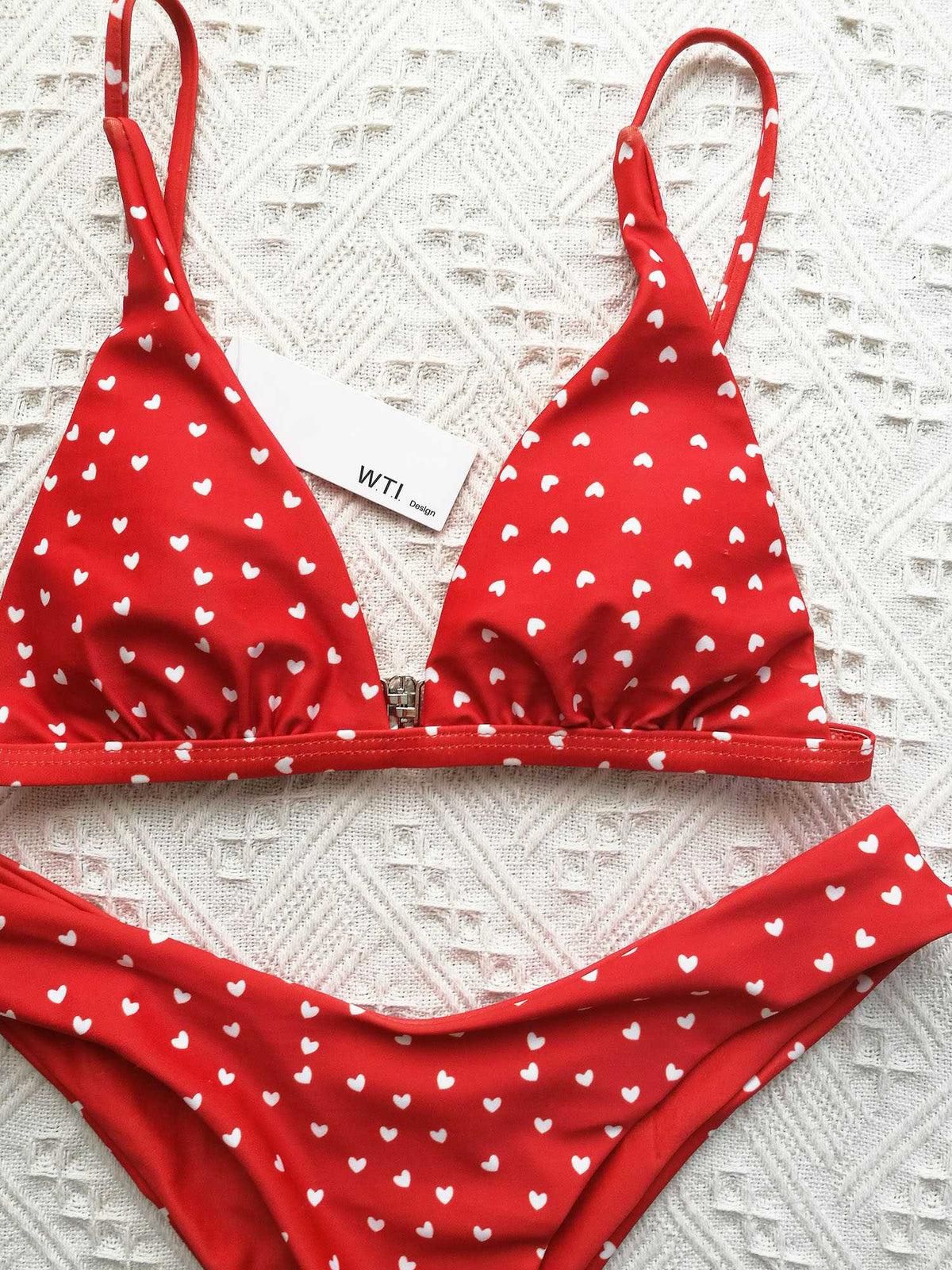 Heart Print Triangle Bikini Set - Red - worthtryit.com