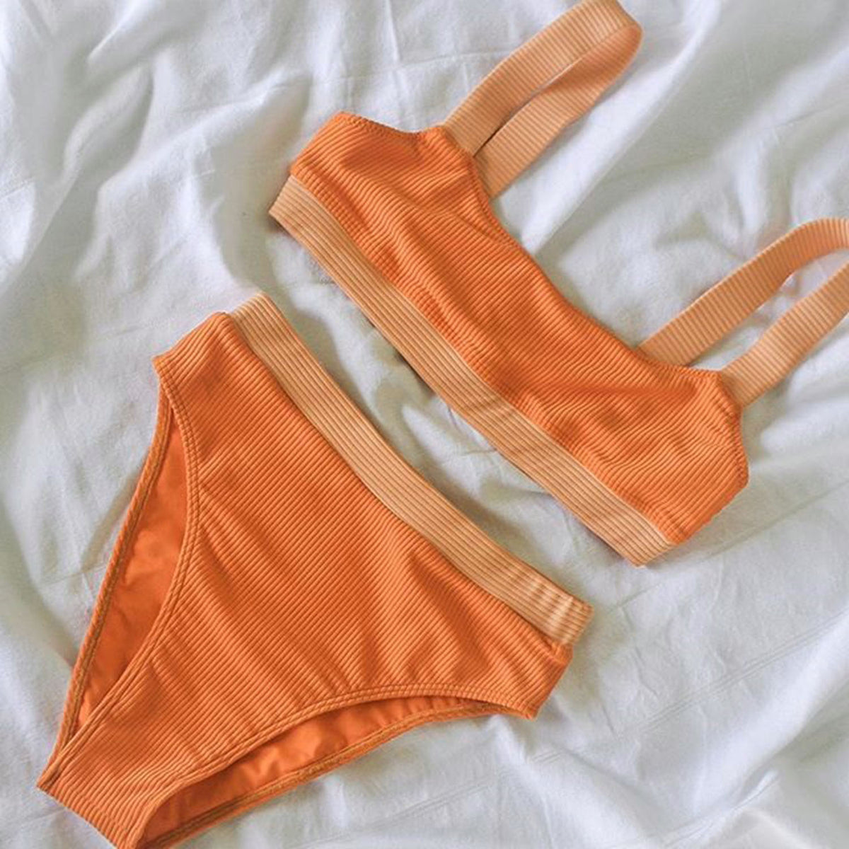 Solid Color Crop Top High Waist Bikini Swimsuit TL20