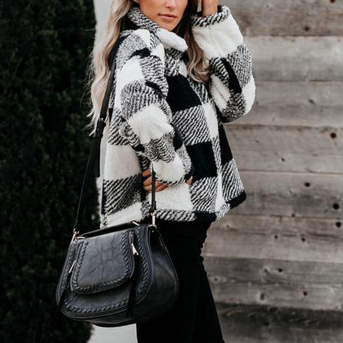 Checked Zip Stand-Up Fleece Sweater