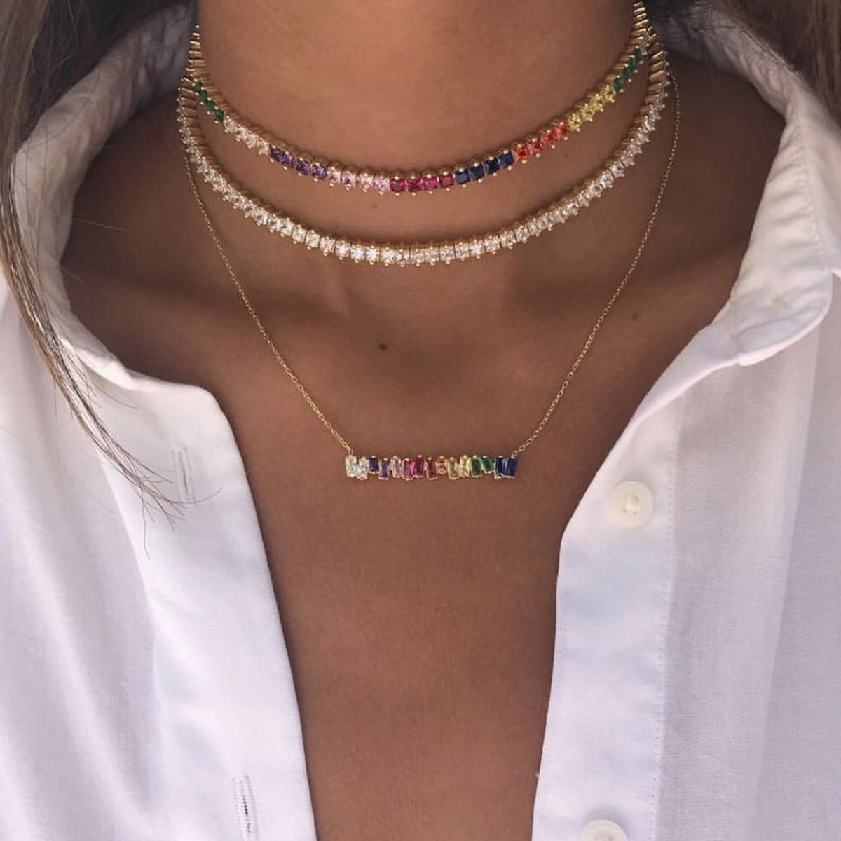 Rainbow Baguette 18K Gold Bar Necklace - worthtryit.com
