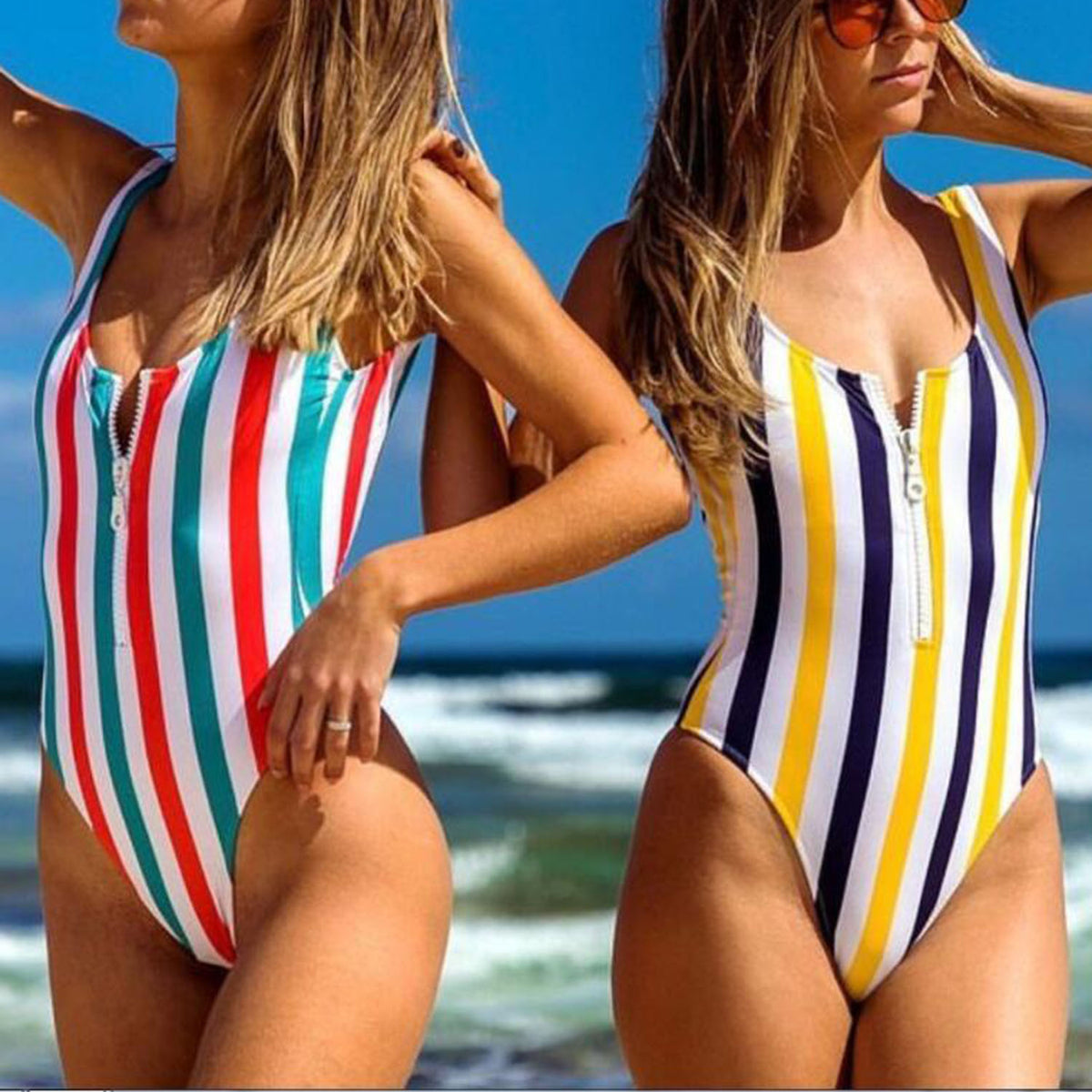Colorful Stripes Zip Up One Piece Swimwear - worthtryit.com