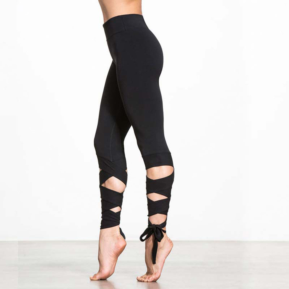 Lace Up Yoga Pants Bandage Tie Dance Leggings Fitness Pants-Black - worthtryit.com