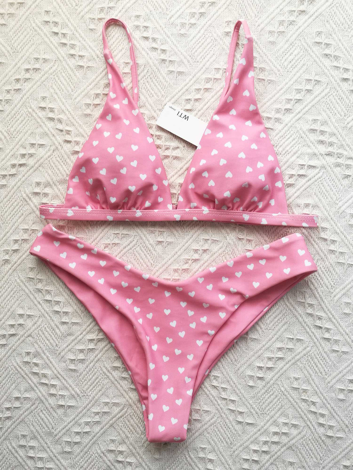 Heart Print Triangle Bikini Set - Red - worthtryit.com