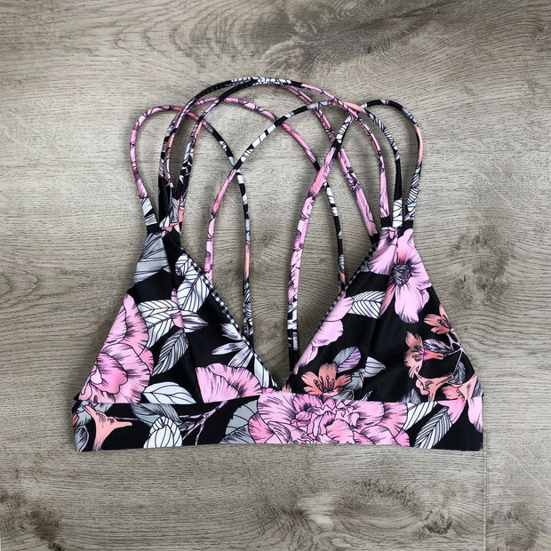 Floral Straps Back Crop Top High Waist Bikini Swimsuit - worthtryit.com