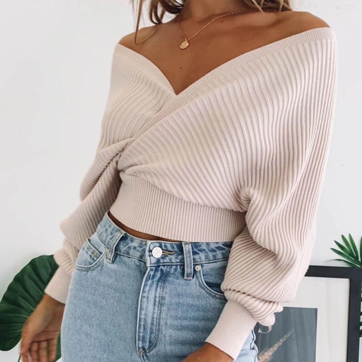 Rib Off Shoulder Lace Up Front Knit Sweater