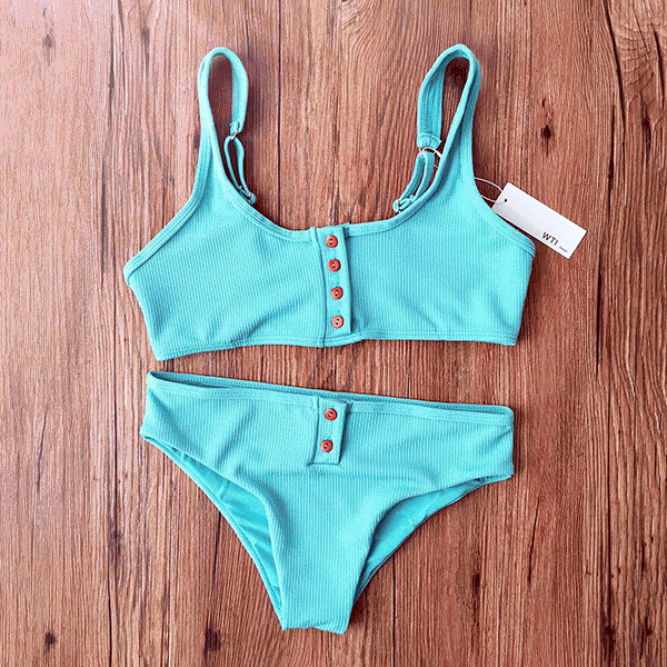 Ribbed Sporty Bikini Swimsuits Button Swimwear Up Crop Top Set