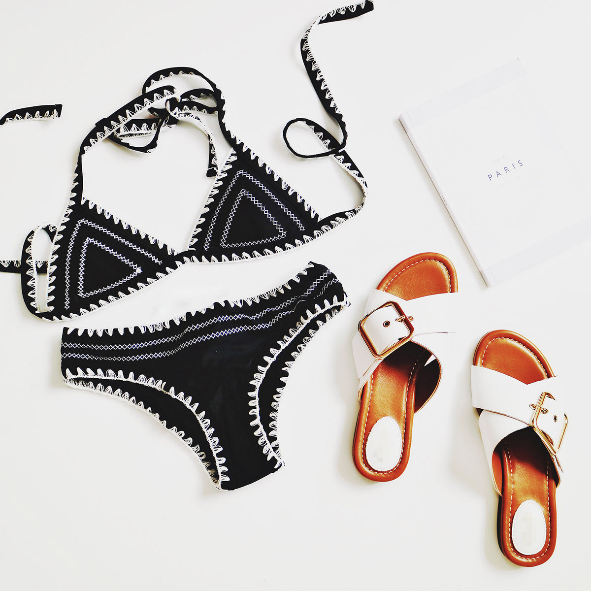 Crochet Trimed Triangle Bikini Set-Black - worthtryit.com